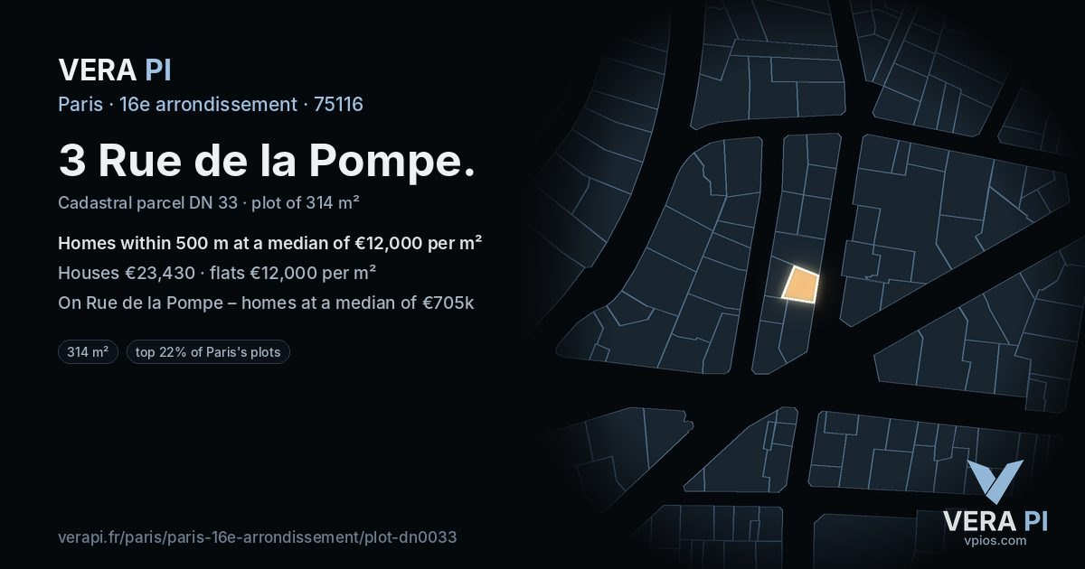 3 Rue de la Pompe, 16e arrondissement at night – the plot lit, the parcels around coloured by the prices near them