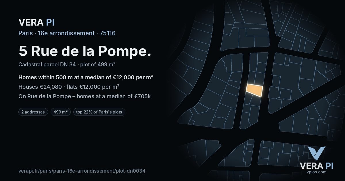 5 Rue de la Pompe, 16e arrondissement at night – the plot lit, the parcels around coloured by the prices near them