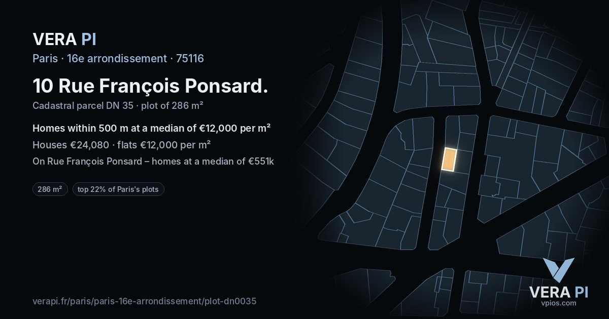 10 Rue François Ponsard, 16e arrondissement at night – the plot lit, the parcels around coloured by the prices near them