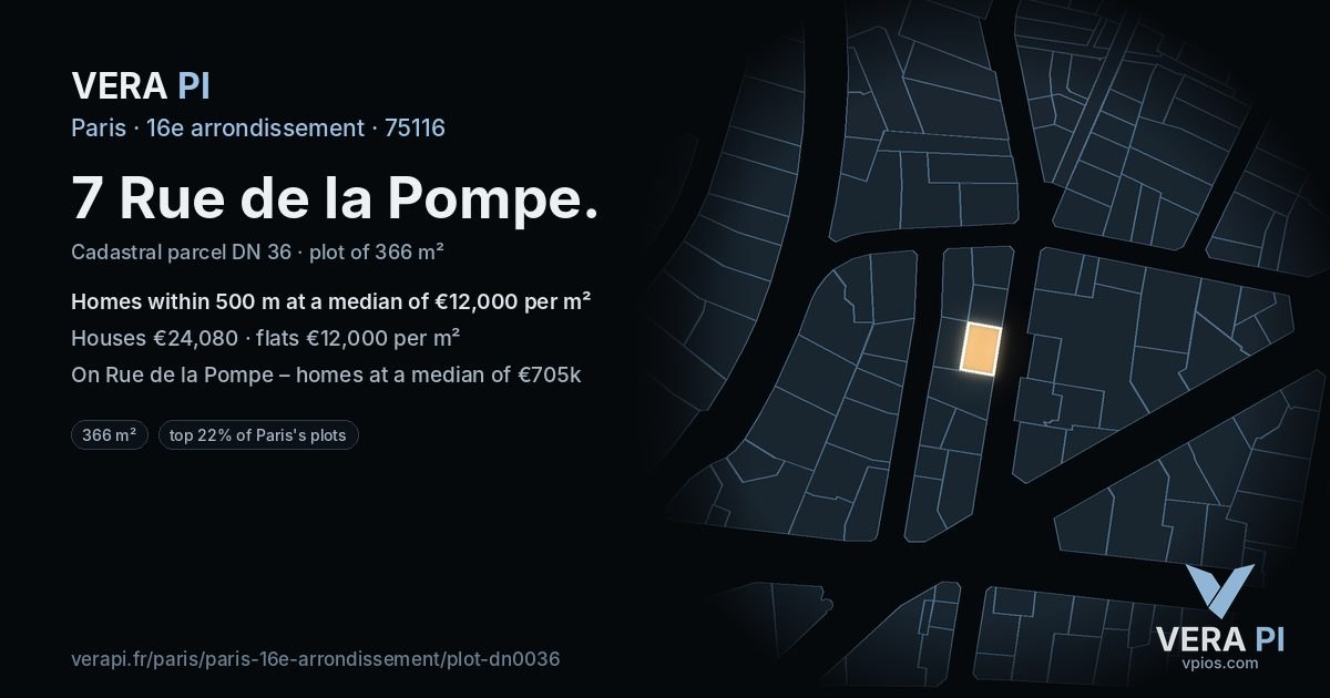 7 Rue de la Pompe, 16e arrondissement at night – the plot lit, the parcels around coloured by the prices near them