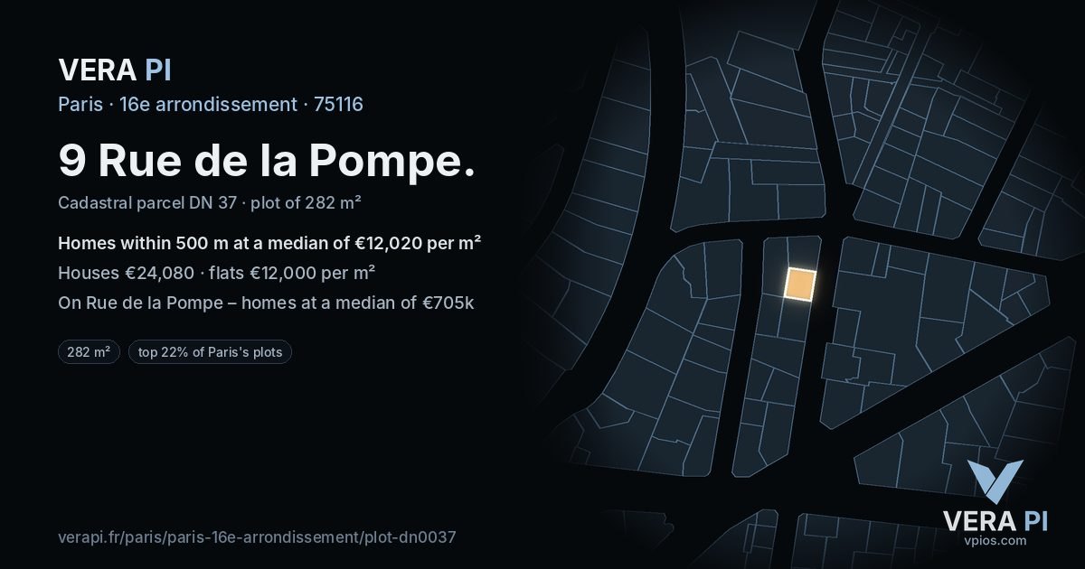 9 Rue de la Pompe, 16e arrondissement at night – the plot lit, the parcels around coloured by the prices near them