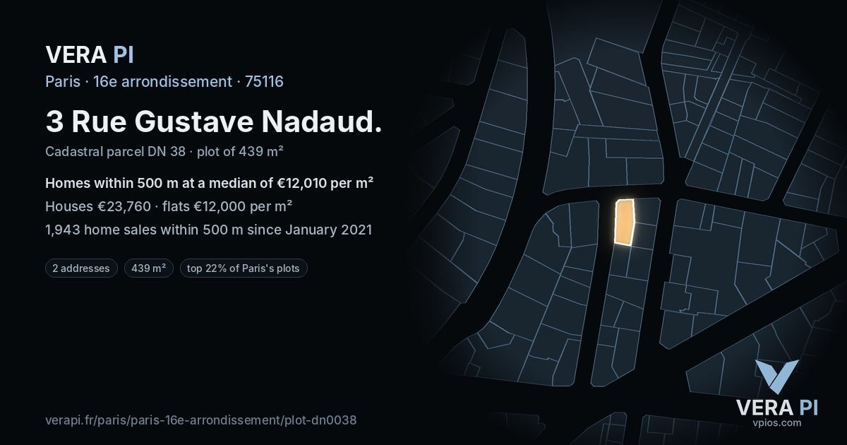 3 Rue Gustave Nadaud, 16e arrondissement at night – the plot lit, the parcels around coloured by the prices near them