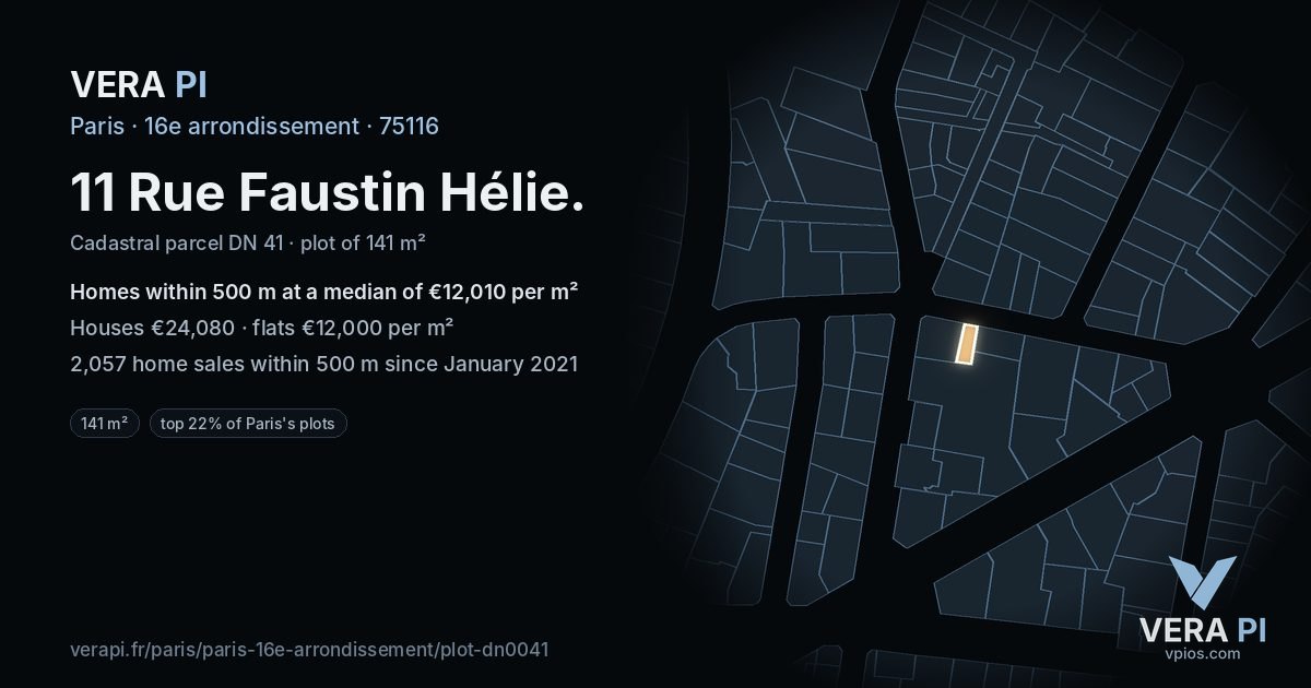 11 Rue Faustin Hélie, 16e arrondissement at night – the plot lit, the parcels around coloured by the prices near them