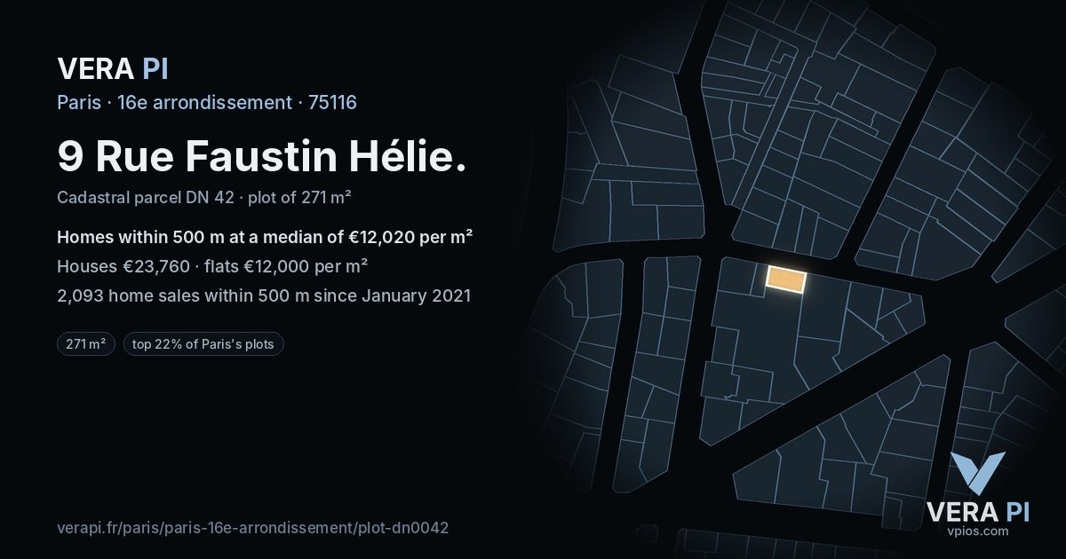 9 Rue Faustin Hélie, 16e arrondissement at night – the plot lit, the parcels around coloured by the prices near them