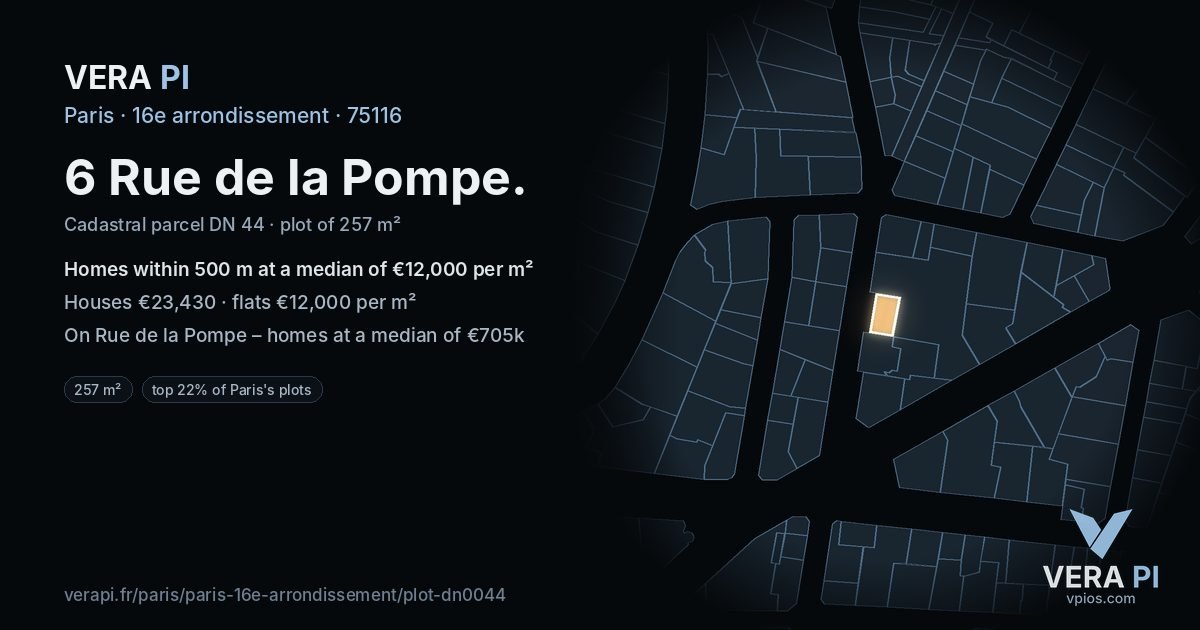 6 Rue de la Pompe, 16e arrondissement at night – the plot lit, the parcels around coloured by the prices near them