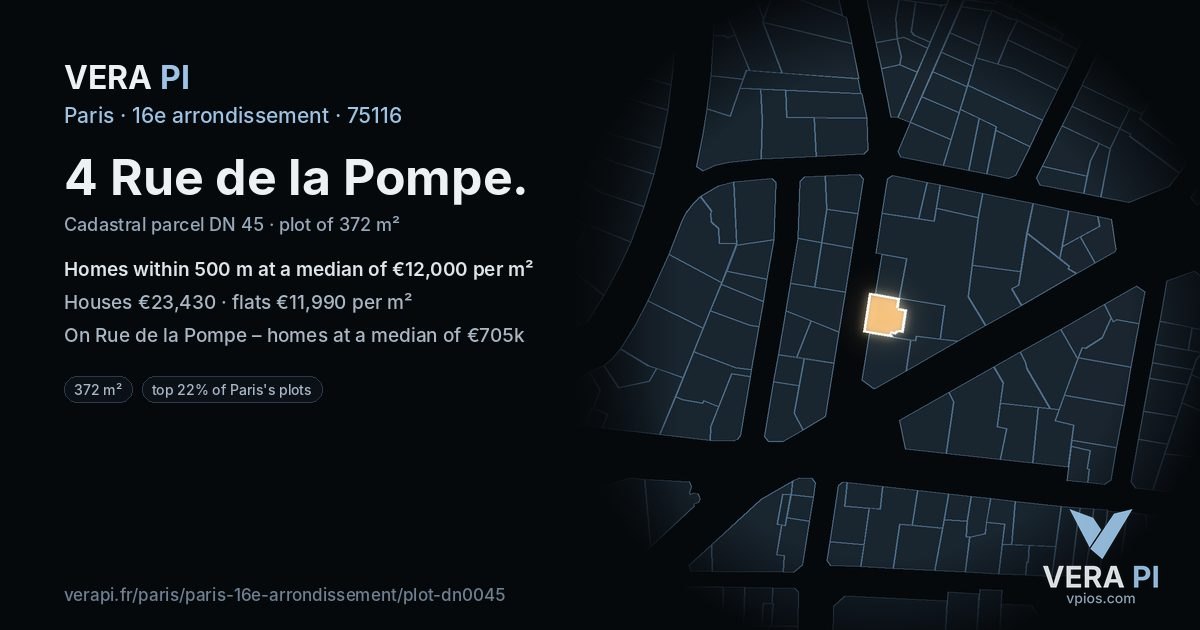 4 Rue de la Pompe, 16e arrondissement at night – the plot lit, the parcels around coloured by the prices near them