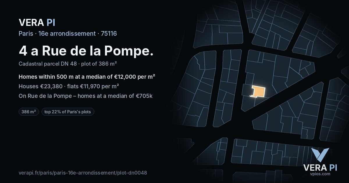 4 a Rue de la Pompe, 16e arrondissement at night – the plot lit, the parcels around coloured by the prices near them