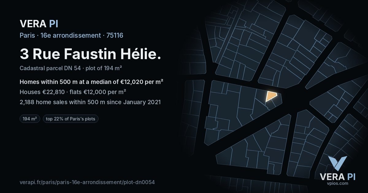 3 Rue Faustin Hélie, 16e arrondissement at night – the plot lit, the parcels around coloured by the prices near them