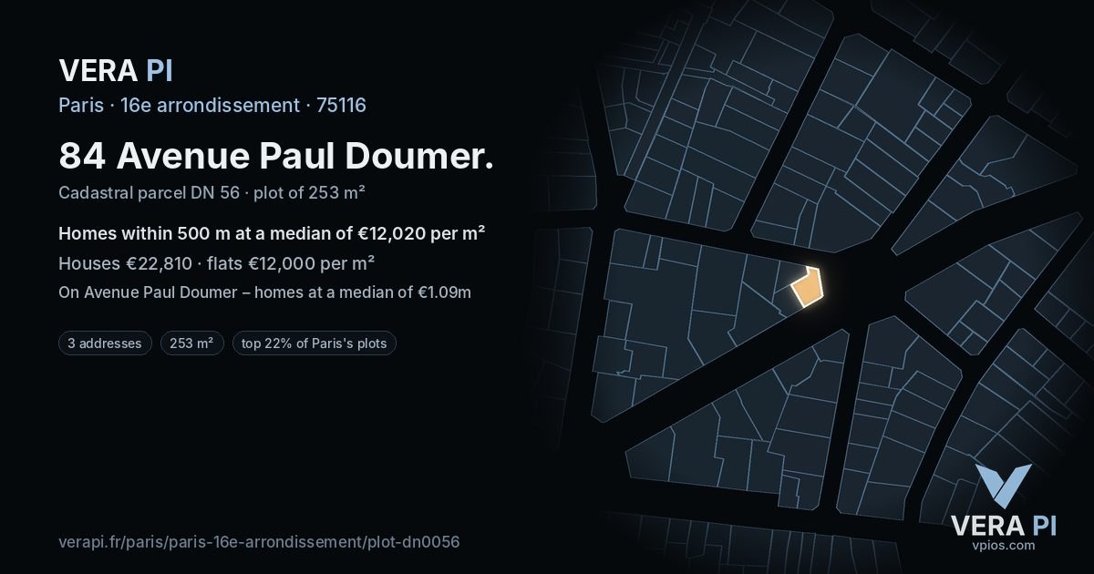 84 Avenue Paul Doumer, 16e arrondissement at night – the plot lit, the parcels around coloured by the prices near them