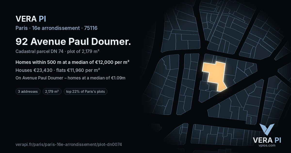 92 Avenue Paul Doumer, 16e arrondissement at night – the plot lit, the parcels around coloured by the prices near them