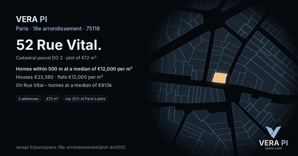 52 Rue Vital, 16e arrondissement at night – the plot lit, the parcels around coloured by the prices near them