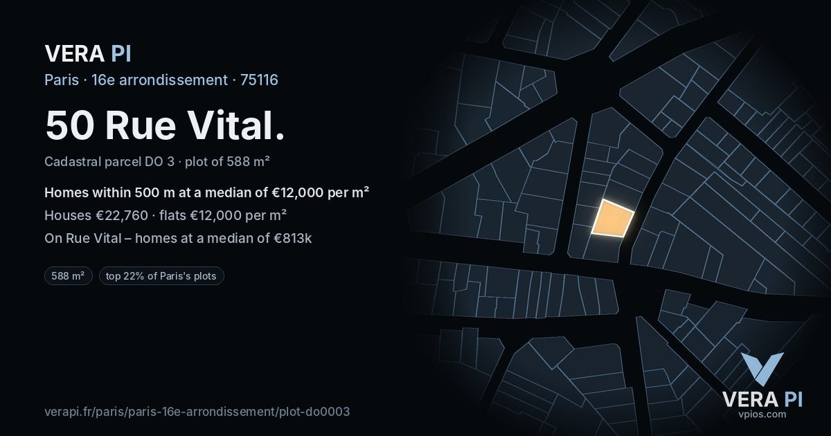 50 Rue Vital, 16e arrondissement at night – the plot lit, the parcels around coloured by the prices near them