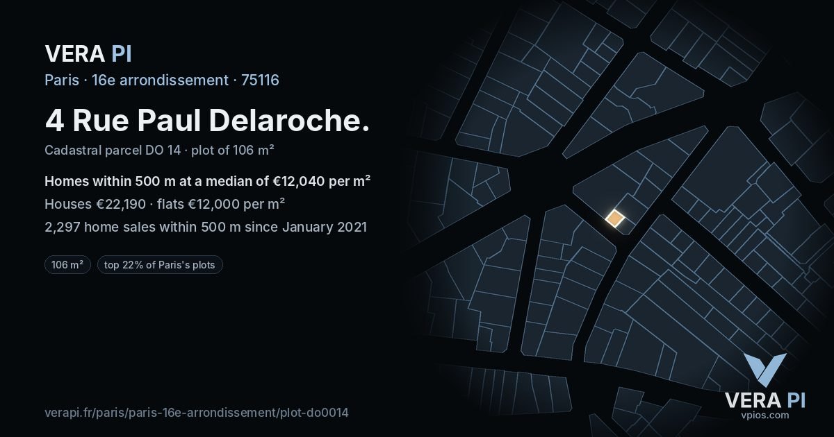 4 Rue Paul Delaroche, 16e arrondissement at night – the plot lit, the parcels around coloured by the prices near them