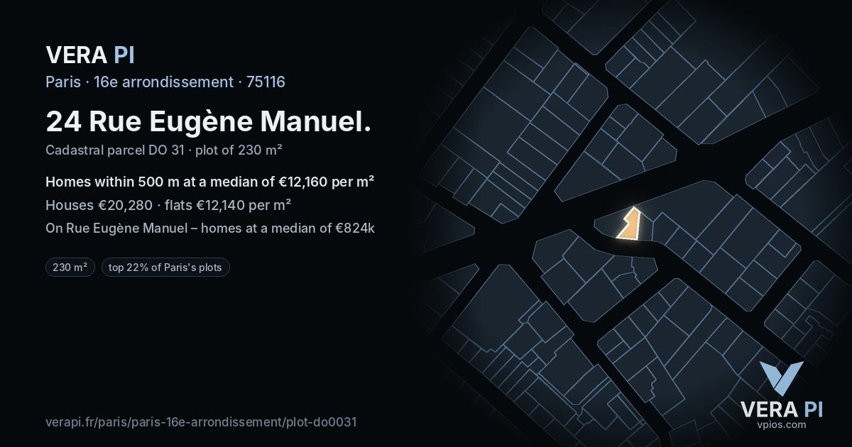 24 Rue Eugène Manuel, 16e arrondissement at night – the plot lit, the parcels around coloured by the prices near them