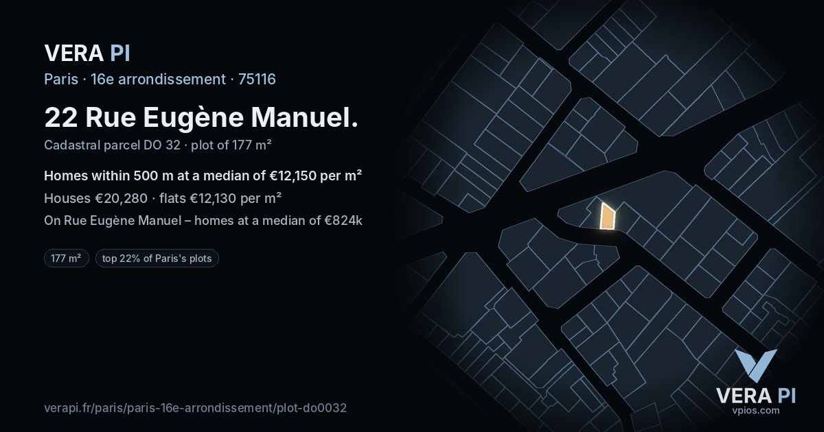 22 Rue Eugène Manuel, 16e arrondissement at night – the plot lit, the parcels around coloured by the prices near them