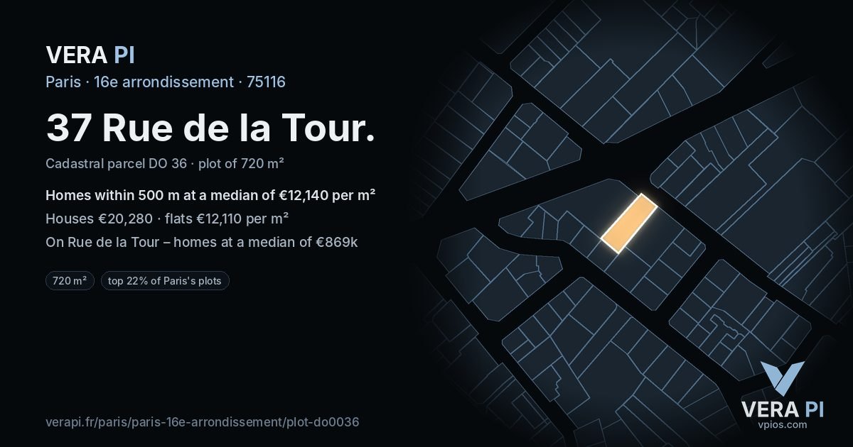 37 Rue de la Tour, 16e arrondissement at night – the plot lit, the parcels around coloured by the prices near them