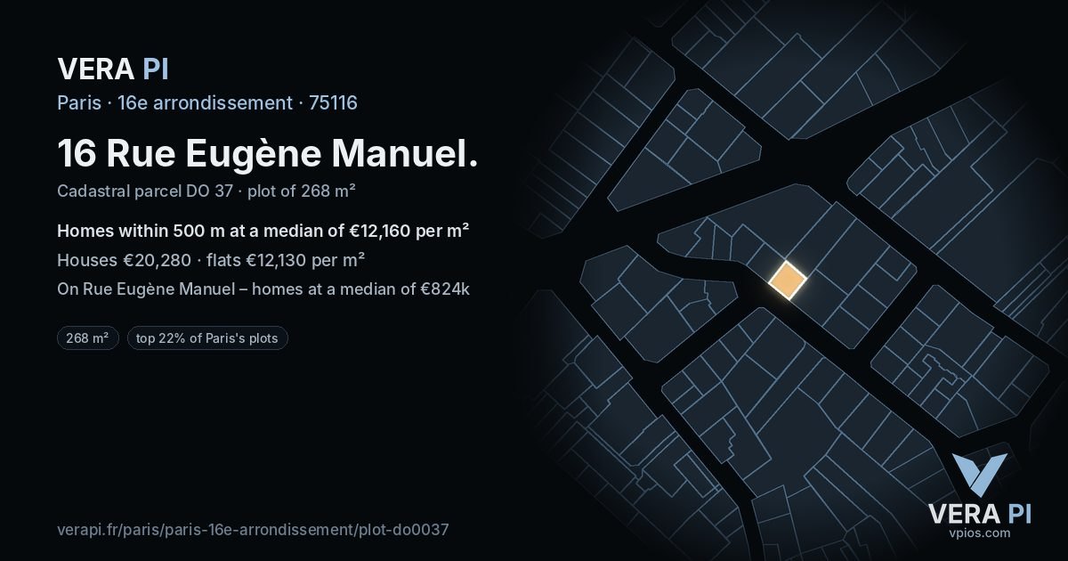 16 Rue Eugène Manuel, 16e arrondissement at night – the plot lit, the parcels around coloured by the prices near them