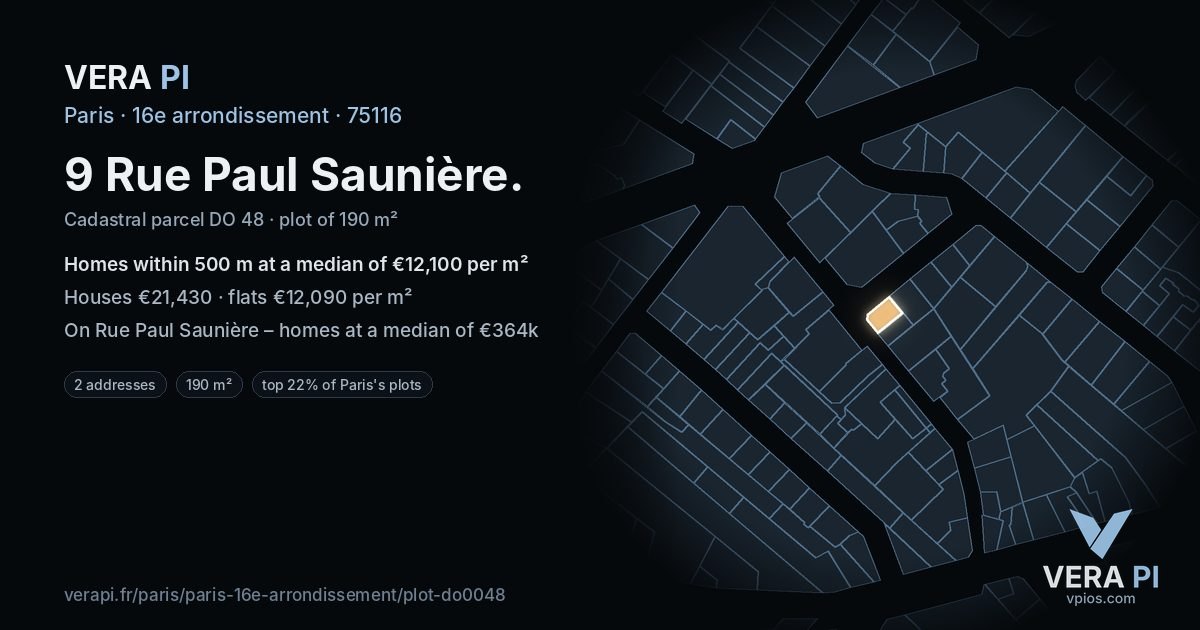 9 Rue Paul Saunière, 16e arrondissement at night – the plot lit, the parcels around coloured by the prices near them
