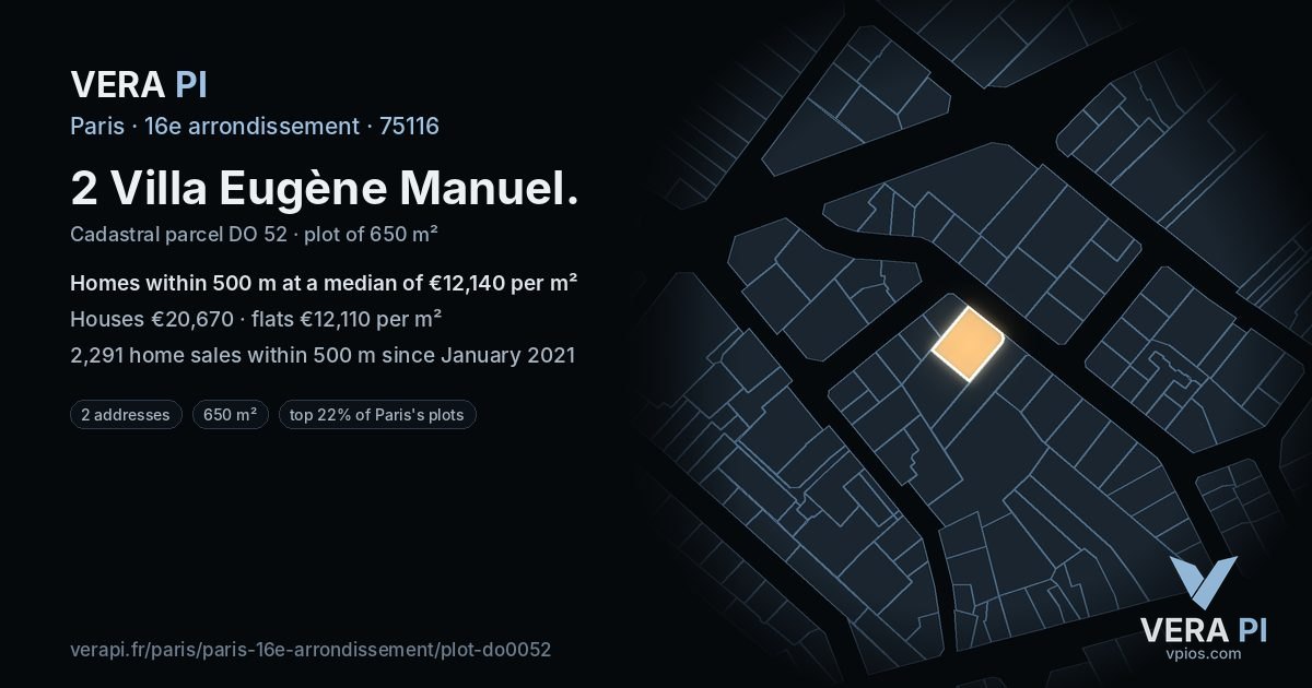 2 Villa Eugène Manuel, 16e arrondissement at night – the plot lit, the parcels around coloured by the prices near them
