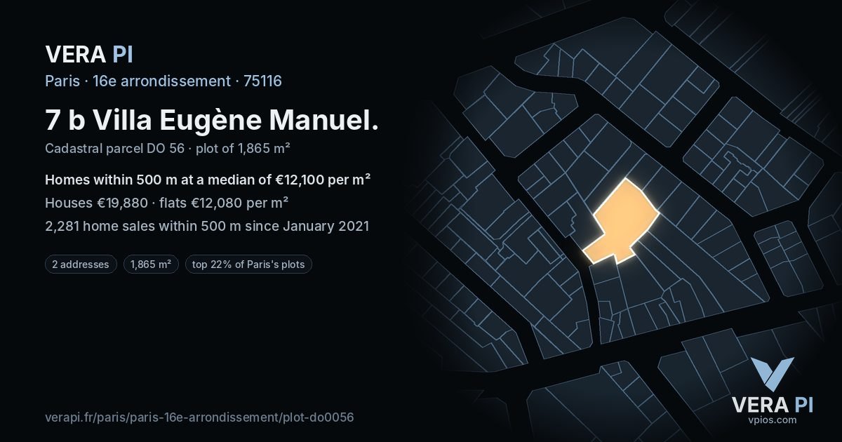 7 b Villa Eugène Manuel, 16e arrondissement at night – the plot lit, the parcels around coloured by the prices near them