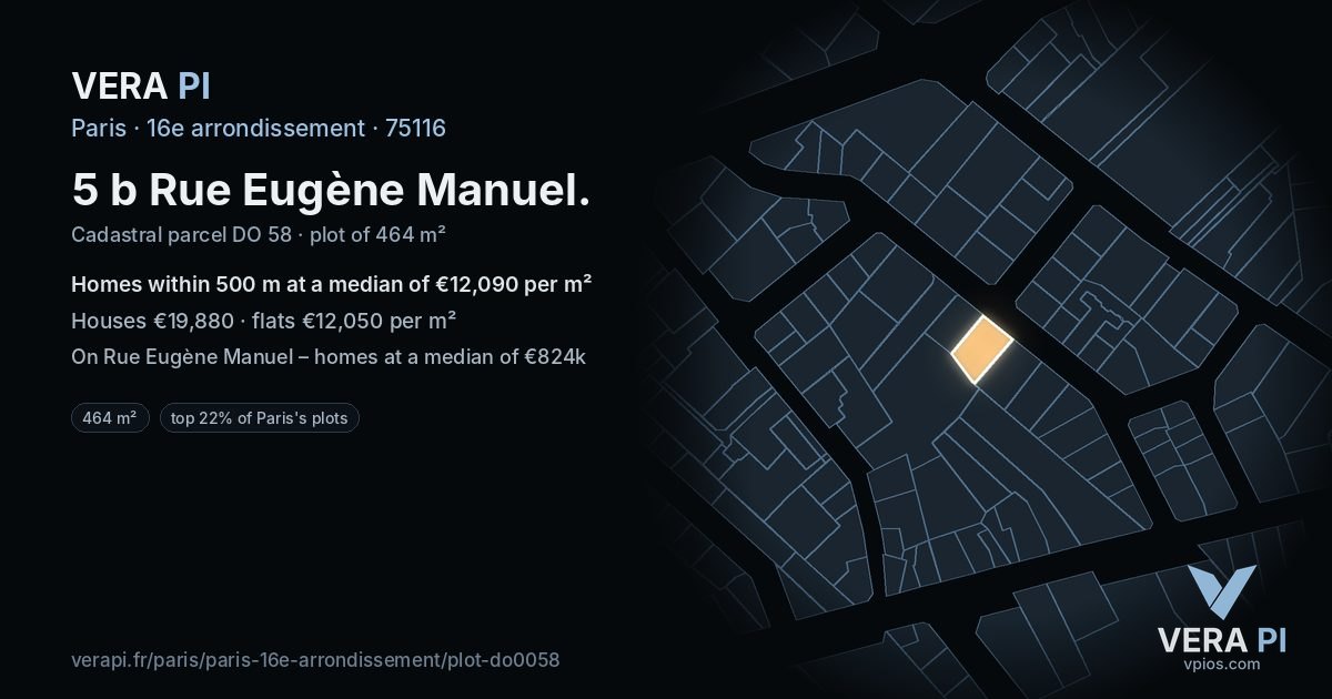 5 b Rue Eugène Manuel, 16e arrondissement at night – the plot lit, the parcels around coloured by the prices near them
