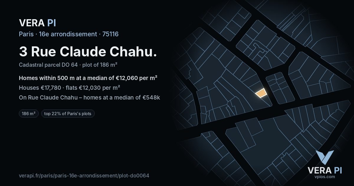 3 Rue Claude Chahu, 16e arrondissement at night – the plot lit, the parcels around coloured by the prices near them