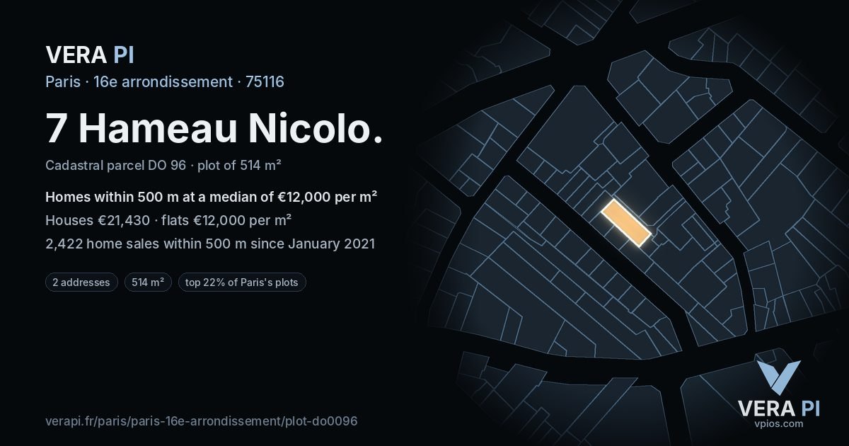 7 Hameau Nicolo, 16e arrondissement at night – the plot lit, the parcels around coloured by the prices near them