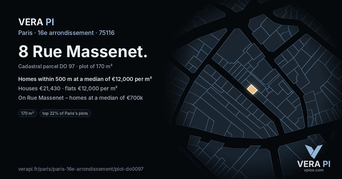 8 Rue Massenet, 16e arrondissement at night – the plot lit, the parcels around coloured by the prices near them