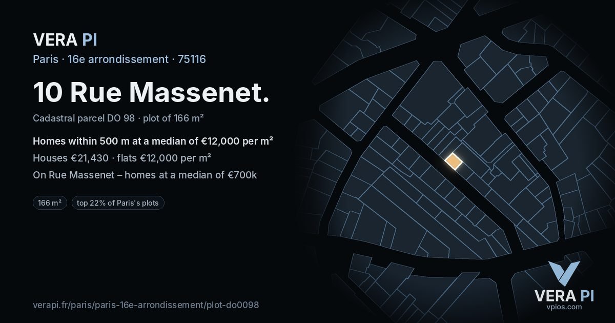 10 Rue Massenet, 16e arrondissement at night – the plot lit, the parcels around coloured by the prices near them