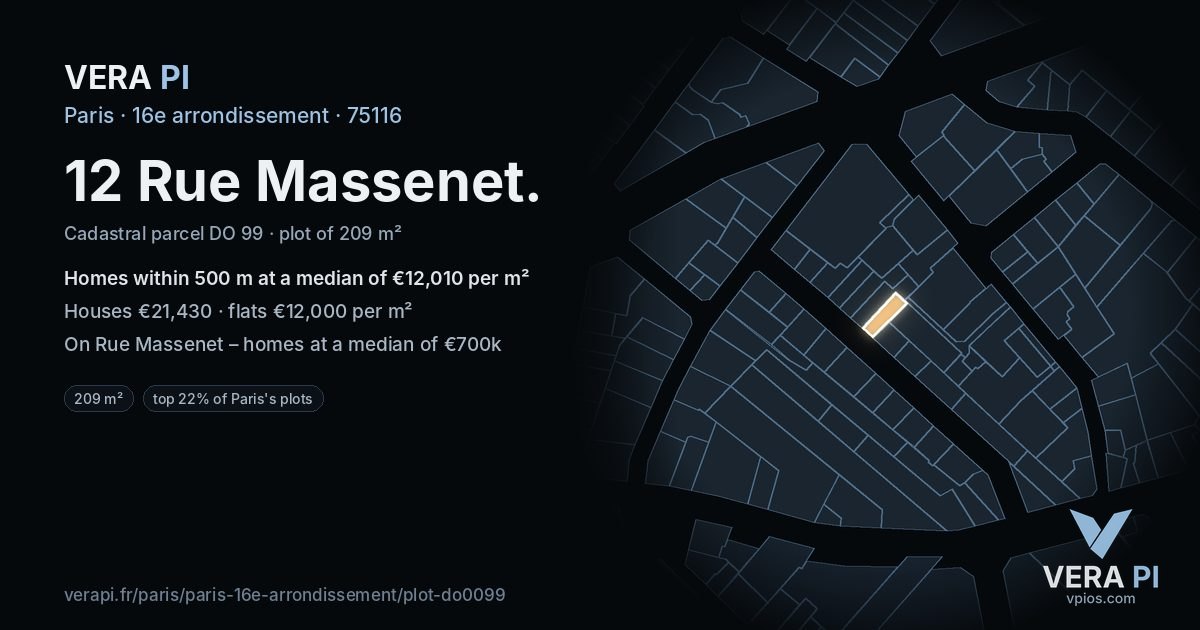 12 Rue Massenet, 16e arrondissement at night – the plot lit, the parcels around coloured by the prices near them