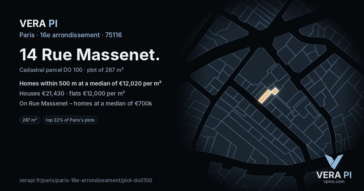 14 Rue Massenet, 16e arrondissement at night – the plot lit, the parcels around coloured by the prices near them