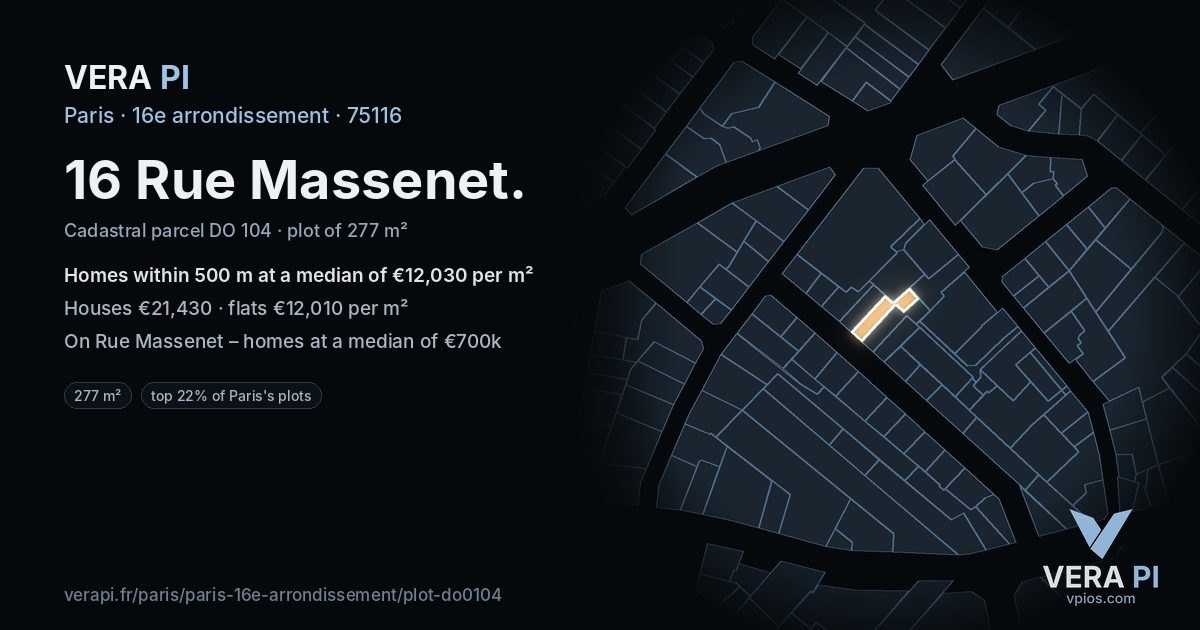 16 Rue Massenet, 16e arrondissement at night – the plot lit, the parcels around coloured by the prices near them