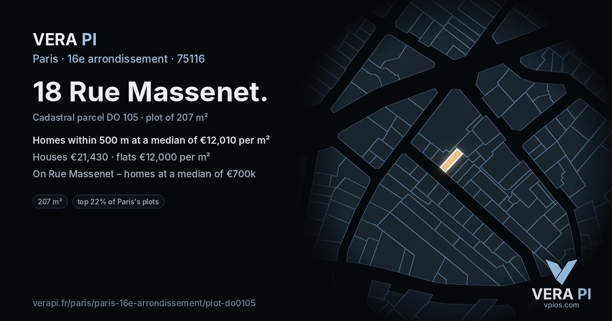 18 Rue Massenet, 16e arrondissement at night – the plot lit, the parcels around coloured by the prices near them