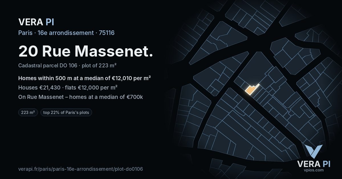 20 Rue Massenet, 16e arrondissement at night – the plot lit, the parcels around coloured by the prices near them