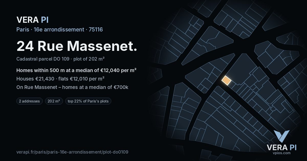 24 Rue Massenet, 16e arrondissement at night – the plot lit, the parcels around coloured by the prices near them