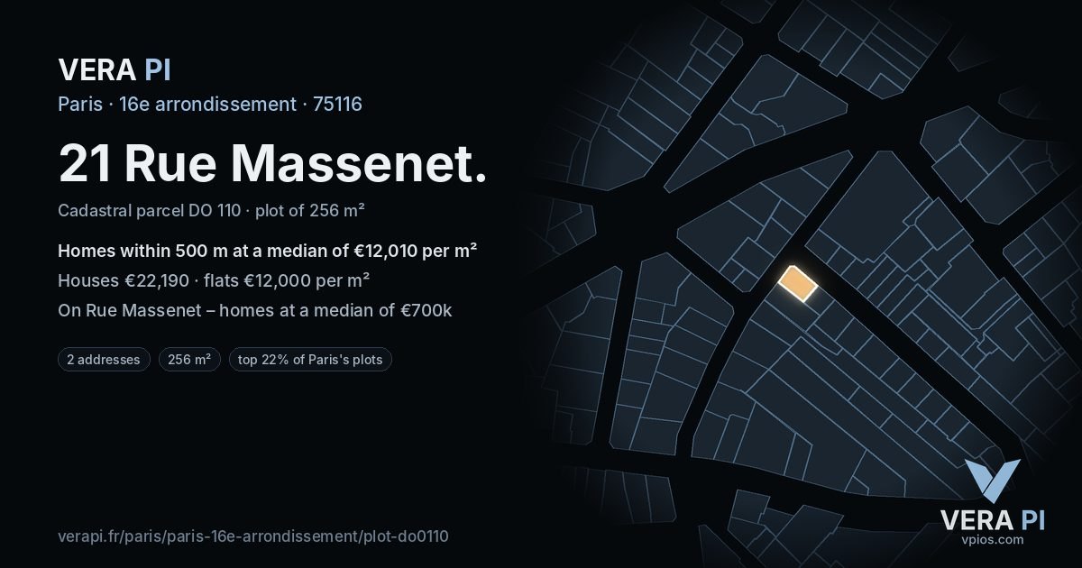 21 Rue Massenet, 16e arrondissement at night – the plot lit, the parcels around coloured by the prices near them