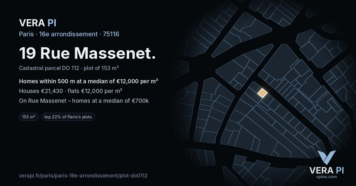 19 Rue Massenet, 16e arrondissement at night – the plot lit, the parcels around coloured by the prices near them