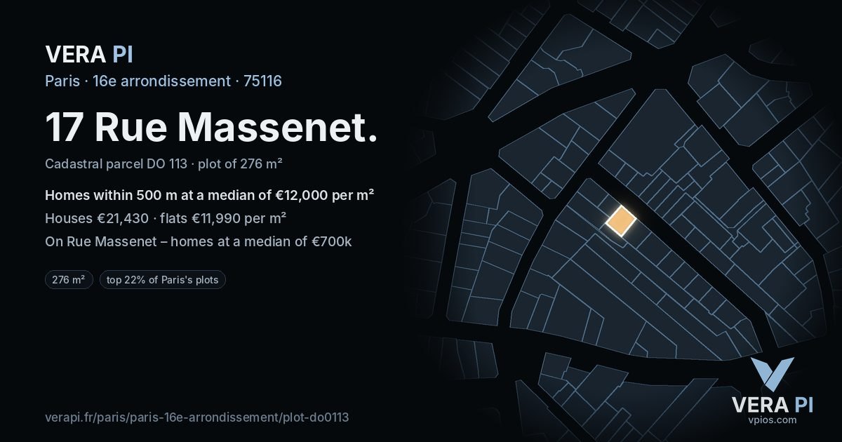 17 Rue Massenet, 16e arrondissement at night – the plot lit, the parcels around coloured by the prices near them