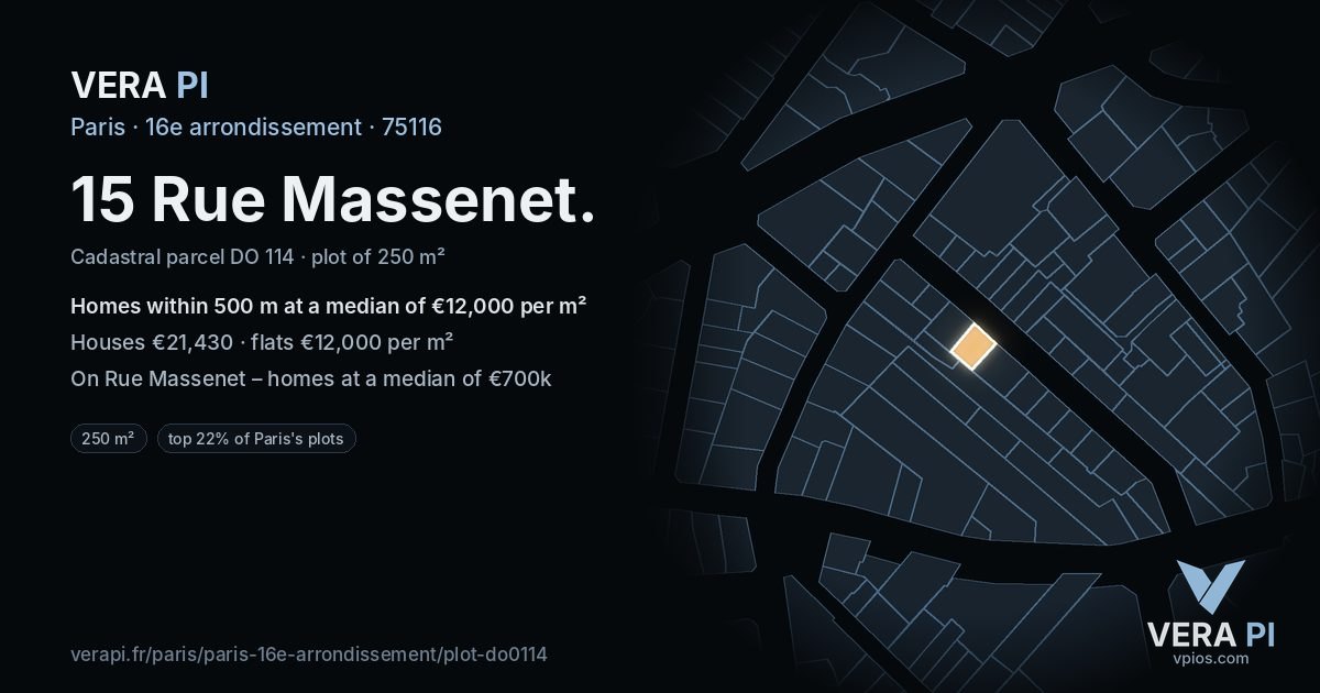 15 Rue Massenet, 16e arrondissement at night – the plot lit, the parcels around coloured by the prices near them
