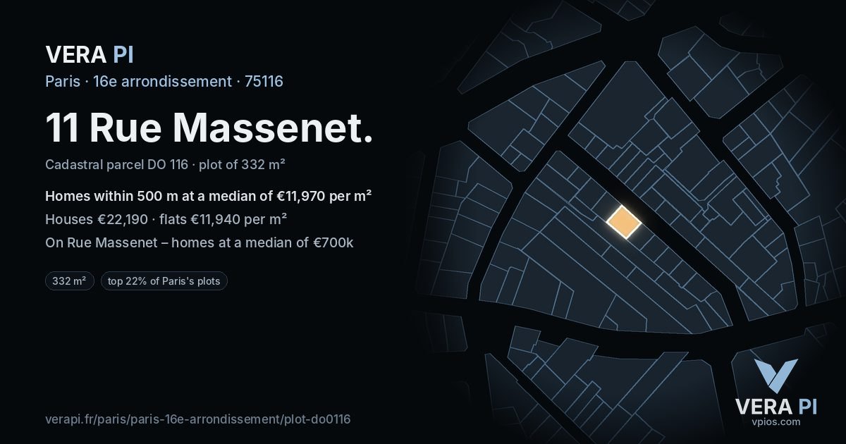 11 Rue Massenet, 16e arrondissement at night – the plot lit, the parcels around coloured by the prices near them