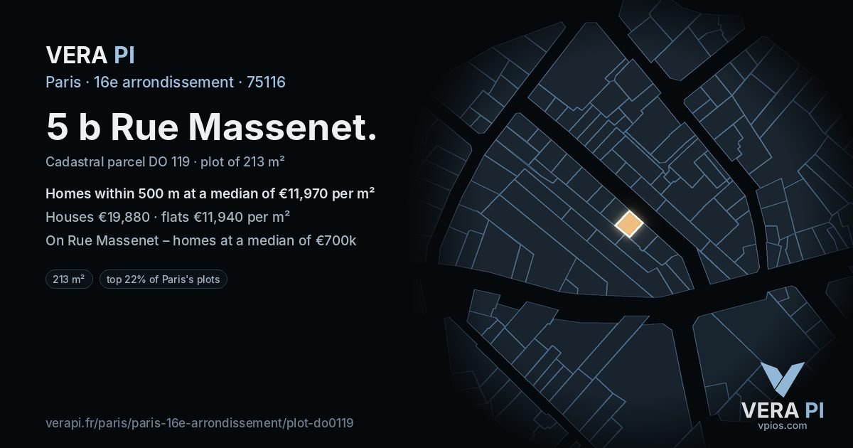 5 b Rue Massenet, 16e arrondissement at night – the plot lit, the parcels around coloured by the prices near them