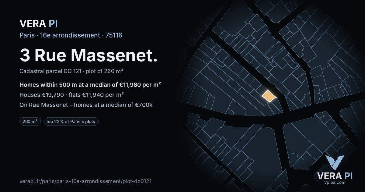 3 Rue Massenet, 16e arrondissement at night – the plot lit, the parcels around coloured by the prices near them