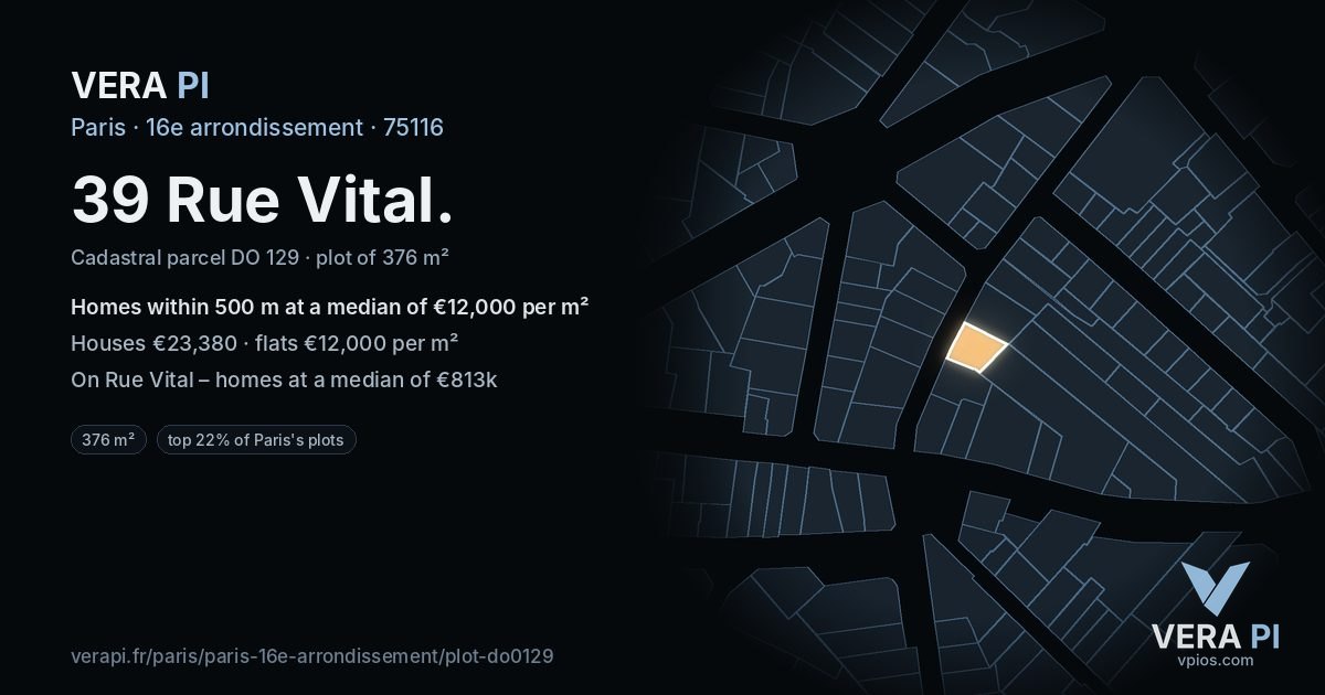 39 Rue Vital, 16e arrondissement at night – the plot lit, the parcels around coloured by the prices near them