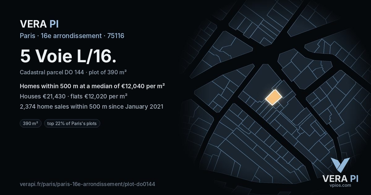 5 Voie L/16, 16e arrondissement at night – the plot lit, the parcels around coloured by the prices near them