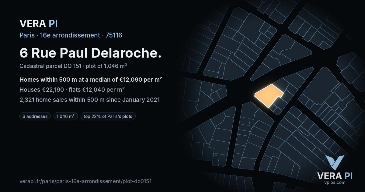 6 Rue Paul Delaroche, 16e arrondissement at night – the plot lit, the parcels around coloured by the prices near them