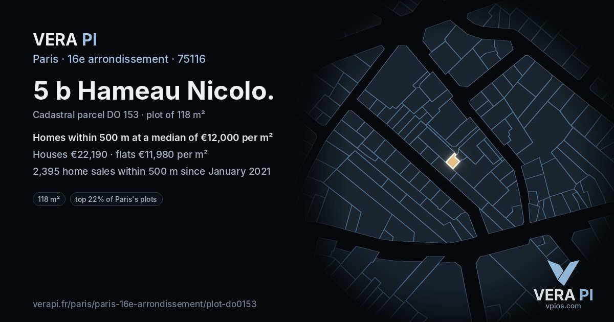 5 b Hameau Nicolo, 16e arrondissement at night – the plot lit, the parcels around coloured by the prices near them