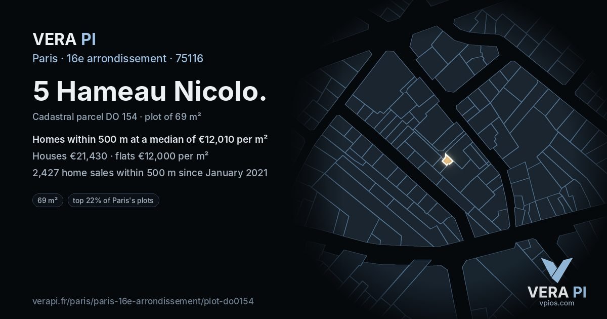 5 Hameau Nicolo, 16e arrondissement at night – the plot lit, the parcels around coloured by the prices near them