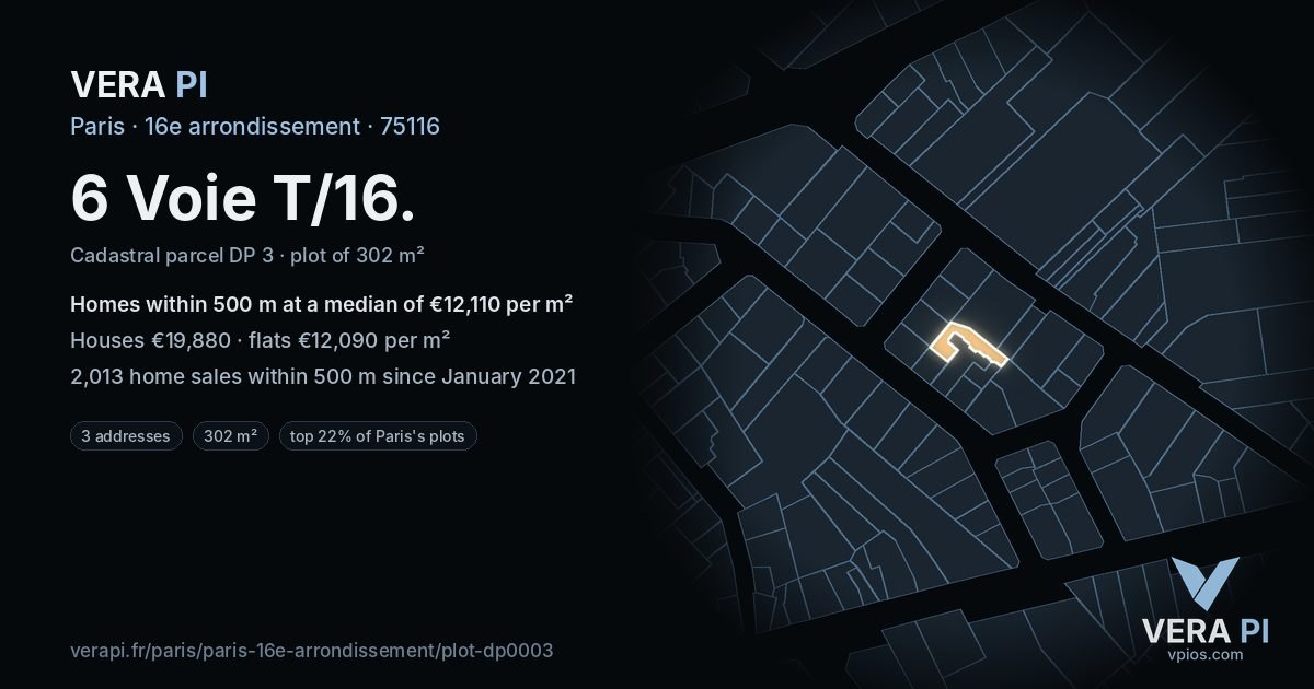 6 Voie T/16, 16e arrondissement at night – the plot lit, the parcels around coloured by the prices near them