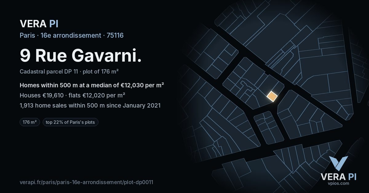 9 Rue Gavarni, 16e arrondissement at night – the plot lit, the parcels around coloured by the prices near them