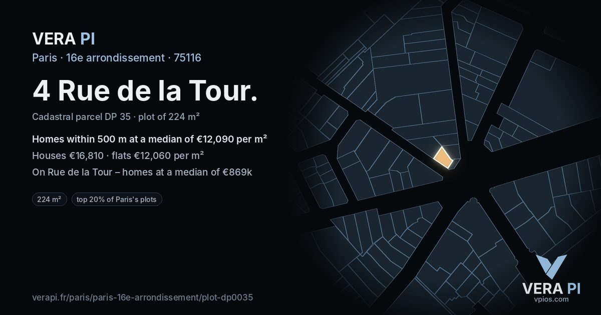 4 Rue de la Tour, 16e arrondissement at night – the plot lit, the parcels around coloured by the prices near them